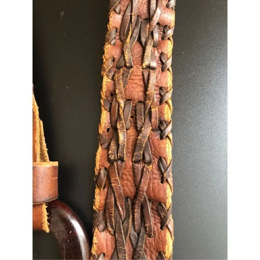 Handmade western Size M Leather Woven Belt Wood Buckle Made in Mexico
